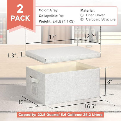 Large 17''x12'' Quart Collapsible Stackable Storage Bins with Lids, 2 Packs Off White Fabric Closet Boxes with Lids, Storage Cube Baskets Container Organizers for Bedroom Office(17''x12.2x''8'')