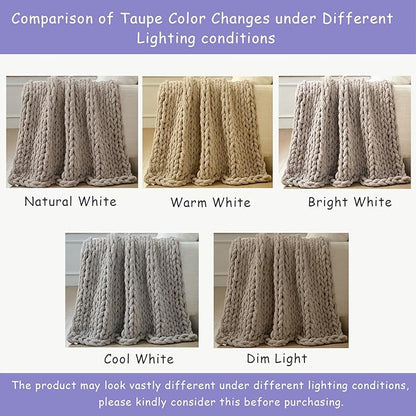 Bigacogo Chunky Knit Throw Blanket for Couch, 51x63 inches, 100% Hand Knitted with Thick Jumbo Chenille Yarn, Cozy Soft Large Rope Knot Cable Crochet Blankets for Sofa Bed Living Room, Taupe