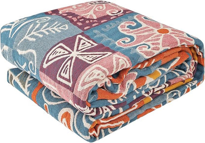 Boho Throw Blanket for Bed - 100% Pure Cotton Ultra Soft Rustic Quilt - Farmhouse Decor Bed Blankets, All Season Rustic Throw for Sofa Couch Chair(91''x 98'', Art Squares)