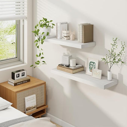 Fun Memories Floating Shelves for Wall, 30 Inch Rustic Wood Wall Mounted Shelves for Bathroom, Bedroom, Kitchen, Living Room, Deep Floating Shelves for Storage & Home Decor (White, Set of 2)