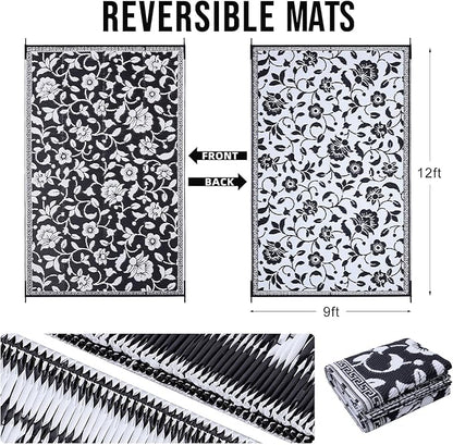 OLANLY Waterproof Outdoor Rug 9x12 ft, Outdoor Plastic Straw Rug with Flower Pattern, Reversible RV Mat for Patio, Camping, Balcony, Deck, Backyard, Black & White
