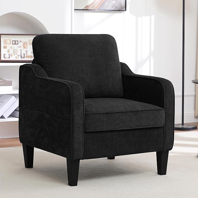 Accent Chairs Set of 2, Upholstered Living Room Chairs with Side Pockets, Mid Century Modern Reading Chair for Bedroom, Comfy Armchair Single Sofa Side Chair for Office, Small Room, Black