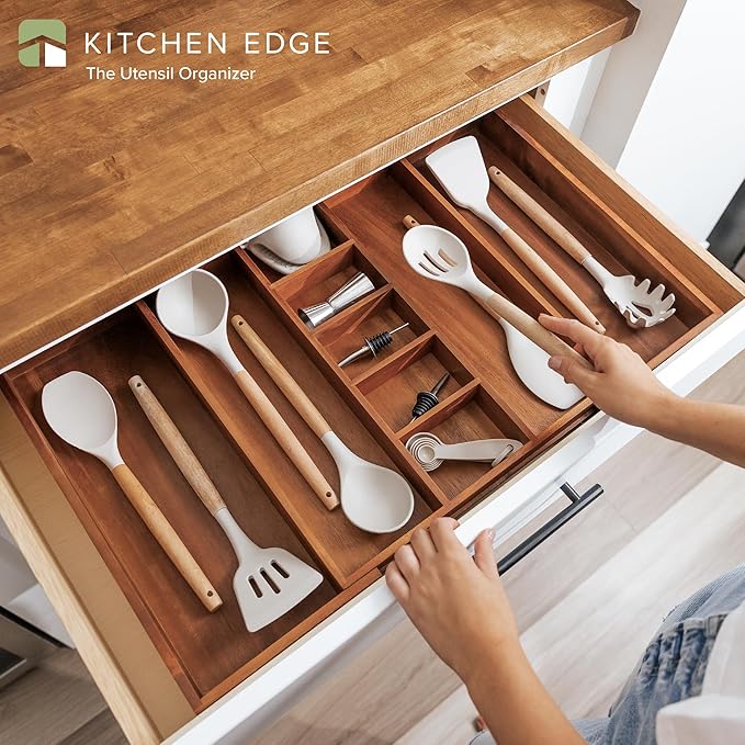 Adjustable Kitchen Drawer Organizer for Utensils and Junk, Food-Safe Contract Grade with 100% Sustainable Wood, Non-Slip, Expandable from 16" to 28" Wide - Natural Acacia