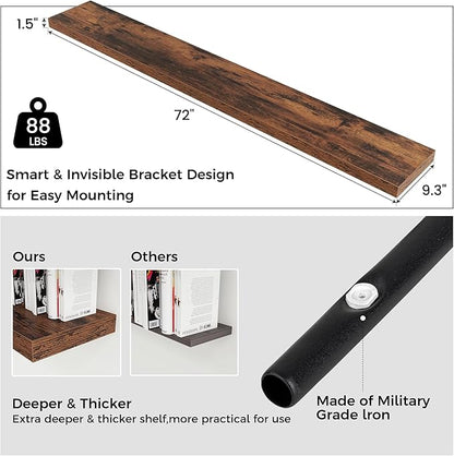 Floating Shelves for Wall, Large Wall Mounted Shelves with Invisible Brackets, Long Wood Floating Shelf for Living Room, Bedroom, Kitchen, (Brown, 72" W x 9" D x 1.5" H)