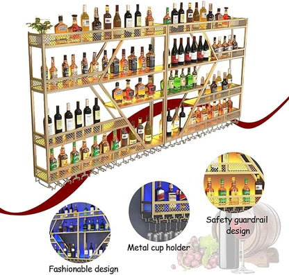 Wall Mounted Wine Rack with Glass Holder, 3-Tier Metal Storage Shelf, Black Diamond Design, Wine Bottle Display with Stemware Storage (Black, 63in/160cm)