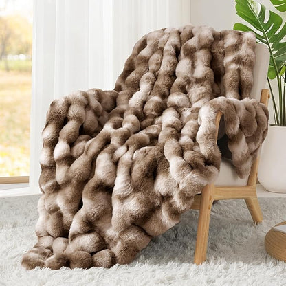 Touchat Luxury 1000GSM Rabbit Faux Fur Blanket, Super Heavy Warm Cozy Brown Blankets for Couch Bed Sofa, Ruched Plush Fuzzy Elegant Soft Reversible Mink Blanket for Living Room Bedroom, 60" x 80"