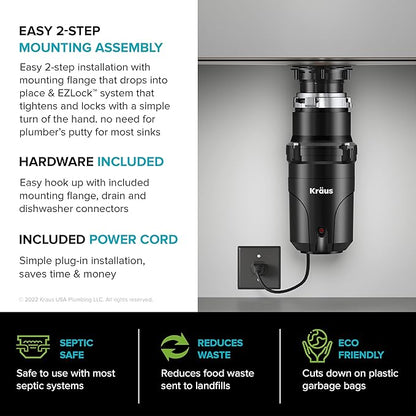 KRAUS WasteGuard 1/2 HP Continuous Feed Ultra-Quiet Motor Garbage Disposal with Quick Connect Mount, Power Cord and Flange Included, KWD110-50MBL