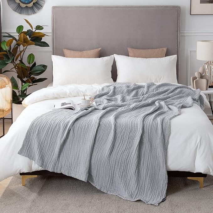 EMME Cotton Blanket Queen Size for Bed Soft Large Muslin Bed Blankets 80"x90" Lightweight Breathable Blanket All Season Gauze, Light Grey