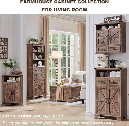 Bathroom Floor Cabinet, Farmhouse 24" Wide Cabinet with Drawer, Adjustable Shelf, Barn Doors, Cabinets for Bathroom, Kitchen, Living Room, Rustic Brown