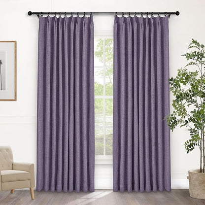 Macochico 100% Blackout Pinch Pleated Linen Curtains Thermal Window Treatments Sound Reducing Curtains for Bedroom Living Room Violet Farmhouse Burlap Drapes with Tieback 52”Wx63”L 1 Panel