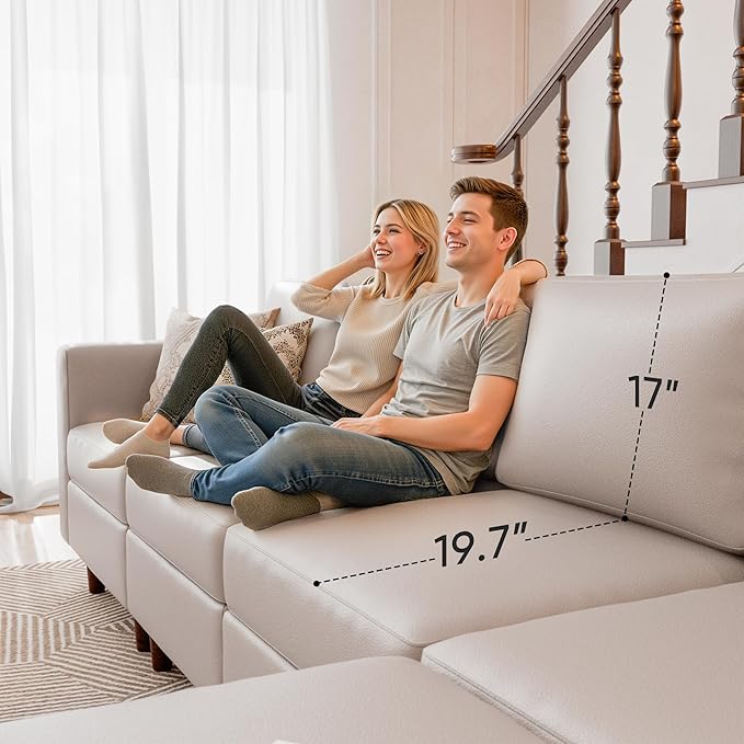 91.5" Faux Leather U Shaped Modular Sectional Sofa, 5 Seater Couch with Movable Ottoman Deep Seat and Storage Seat with Removable Cover for Living Room, Apartment - Whitesand