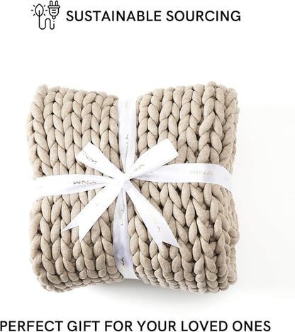 YnM Chunky Throw Blanket, Medium-Weight, Hand Knitted, Skin Friendly, Ventilated and Breathable, Machine Washable, Home Décor Piece for Couch, Sofa and Bed (Beige, 60x80 Inch)