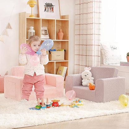 2-in-1 Toddler Chair Sherpa Couch - Soft Kids Lounger for Bedroom, Convertible Sofa for Girls and Boys, Reading Chair, Pink