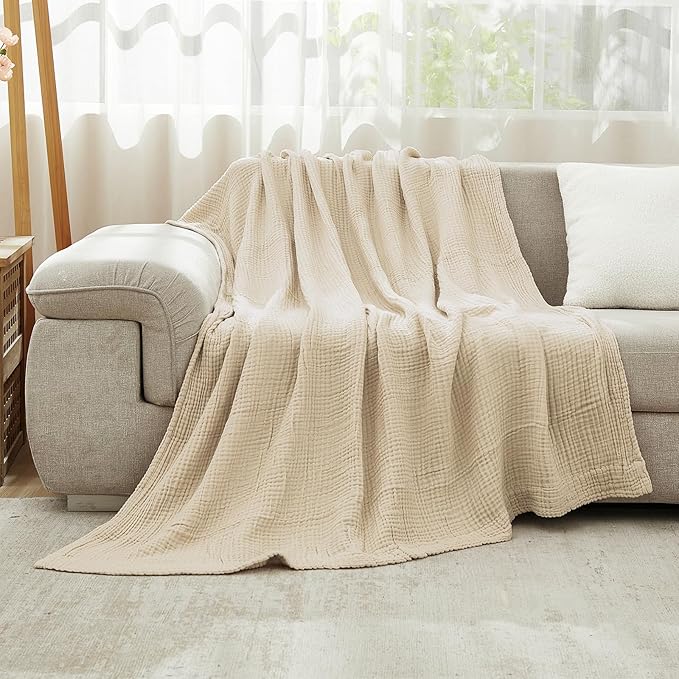 EMME Cotton Bed Blanket Twin Size Soft Muslin Boho Bedding Lightweight Breathable Twin Blanket All Season Gauze, Light Tan