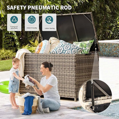178 Gallon Outdoor Storage Box, Patio Deck Box with 2 Wheels, Handle Large Portable Wicker Rattan Deck Box for Patio Furniture Cushions, Throw Pillows, Garden Tools and Pool Floats (Gray)