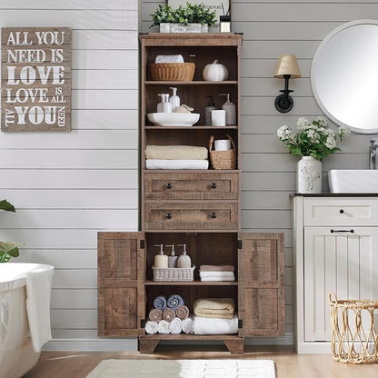 Farmhouse Bathroom Cabinet, 72" Tall Storage Cabinet with 2 Drawers, Adjustable Shelves & Barn Door, Cabinets for Bathroom, Living Room, Kitchen, Rustic Brown