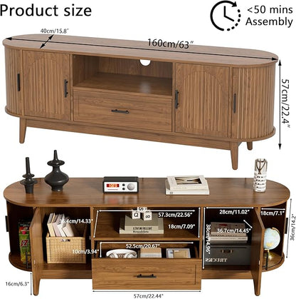 63" Fluted TV Stand for Tvs up to 70", Mid-Century Modern Entertainment Center with Drawers and Fluted Doors, Curved TV Media Console Table with Sliding Doors for Living Room, Bedroom (63")