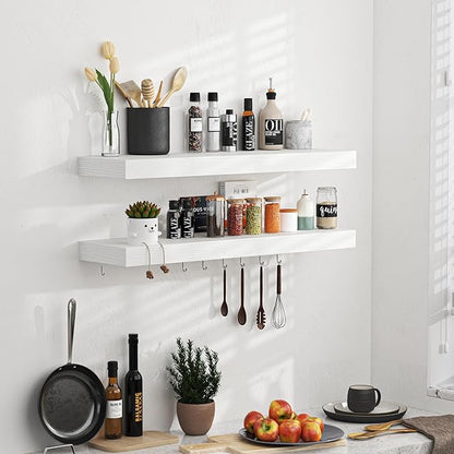 Floating Shelves - 24 Inch Rustic Wooden Wall Shelves - Extra Deeper & Thicker Wall Mounted Storage Shelf for Living Room, Kitchen, Farmhouse - 24" W x 9" D x 1.6" H - Rustic White, 2 Pack