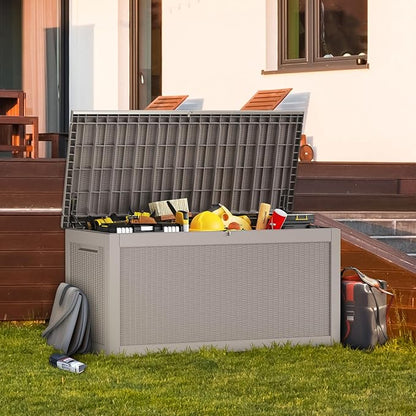 Large Deck Box 260 Gallon, Resin Patio Storage Box with Lockable Lid for Patio Furniture, Garden Tools, Pool Accessories, Weatherproof Outdoor Storage Bin, Brown