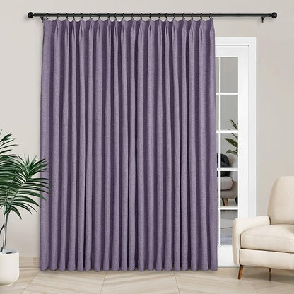 Macochico Extra Wide 100% Blackout Linen Curtains for Sliding Door Pleated Curtains with Hooks Insulated Soft Linen Drapes for Bedroom Living Room with Tieback Violet 100”Wx84”L 1 Panel