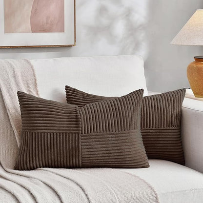 Fancy Homi 2 Packs Dark Brown Lumbar Decorative Throw Pillow Covers 14x24 Inch for Couch Bed, Rustic Farmhouse Boho Home Decor, Soft Striped Corduroy Rectangle Accent Cushion Case 35x60 cm