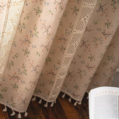 Sutuo Home Boho Curtain Semi-Blackout Crochet Hollow Lace Patchwork with Floral Print Cotton Linen Fabric, Handmade Tassels Rod Pocket Bohemian Window Drapes for Living Bedroom, 59"W x 84"L, 1 Panel