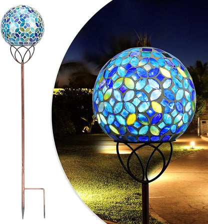 Solar Lights Outdoor Decorative, Solar Gazing Ball Mosaic Garden Stakes Decorative Waterproof Outdoor Lights for Pathway Yard Lawn Decoration (Blue)