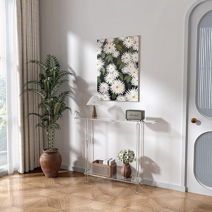 Acrylic Narrow Console Table for Entryway, 7.6" D x 39.4" W x 31.5" H, Square Legs, Skinny Entry Table for Sofa, Foyer, Hallway, Living Room, Modern, 2-Tier, Clear