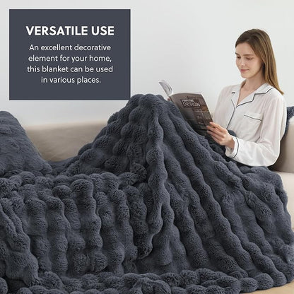 Cozy Faux Fur Throw Blanket for Bed-Warm Fuzzy Throw Blanket, Soft Plush Thick Bubble Blankets for Bedroom and Living Room, Furry Luxury Blanket, 60 x 80, Grey