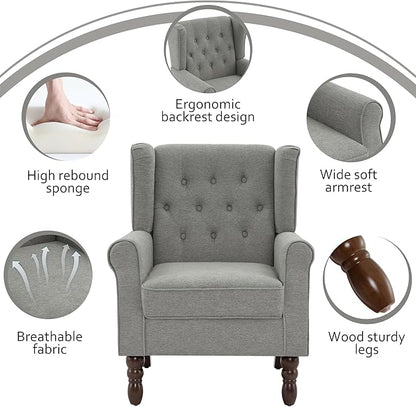 Lumibee High Back Accent Chair,Upholstered Wingback Armchair with Solid Wood Legs for Small Spaces,Comfy Single Sofa Chair for Living Room,Bedroom,Office-Light Gray