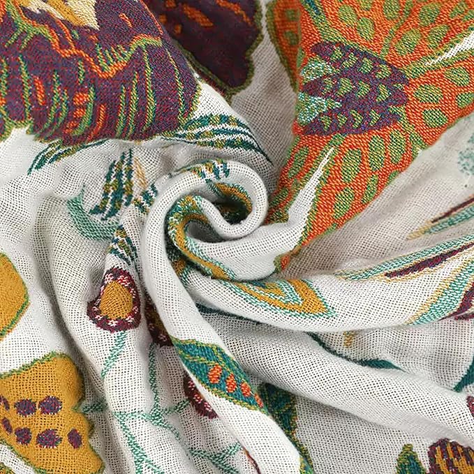 Boho Throw Blanket for Couch Sofa Bed, 100% Cotton Woven Quilt with Tassel 60”x80”, Super Soft Muslin Blanket with Floral Printed, Decorative Reversible Bed Blanket/Cover for All Seasons