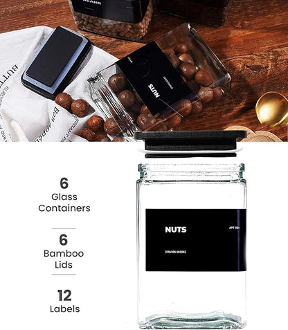 27 oz Glass Storage Jars with Bamboo Lid, set of 6, glass canisters with airtight lids, Clear jars with lids for Cookie, Candy, Tea, Coffee Bean and Rice, Black