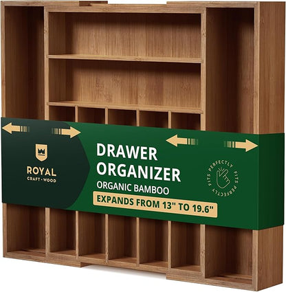 ROYAL CRAFT WOOD Luxury Bamboo Kitchen Drawer Organizer - Silverware Organizer - Utensil Holder and Cutlery Tray with Grooved Drawer Dividers for Flatware and Kitchen Utensils (9 Slot, Brown Bamboo)