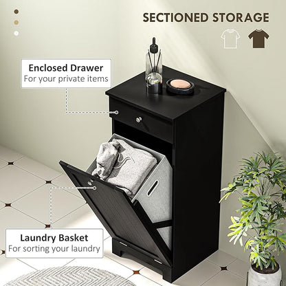 HOMCOM Laundry Hamper with Removable Basket, Tilt Out Hamper with Drawer and Beadboard Door, Bathroom Storage Cabinet, Black