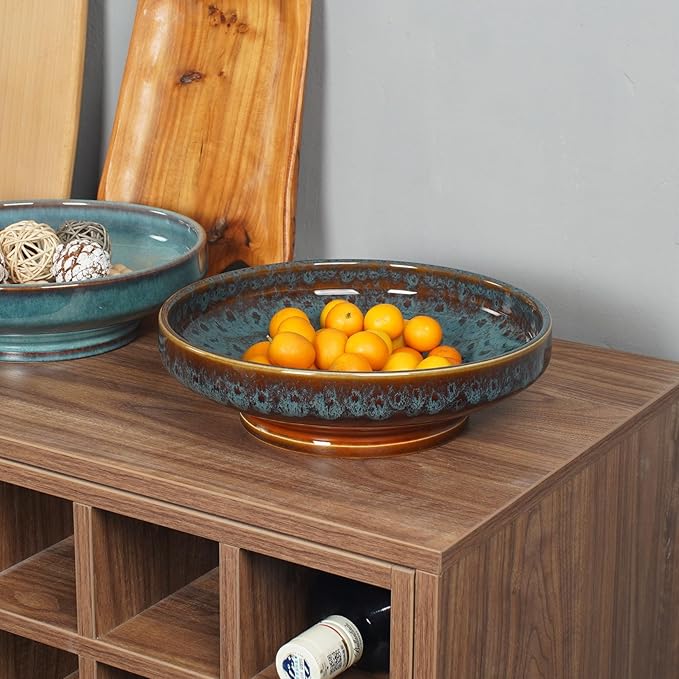 Ceramic Fruit Bowl for Kitchen Counter,Decorative Pedestal Bowl for Table Countertop,Large Footed Serving Bowl,10.2 Inch (peacock Green)