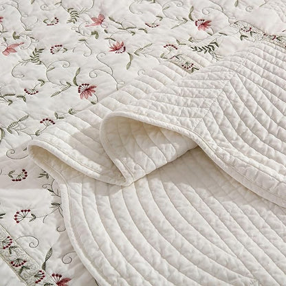 MarCielo 3-Piece 100% Cotton Oversized Bedspread Lightweight Quilt Coverlet Embroidery Farmhouse Bedding Set (TC Soft White,Oversized Queen (100"x106"))