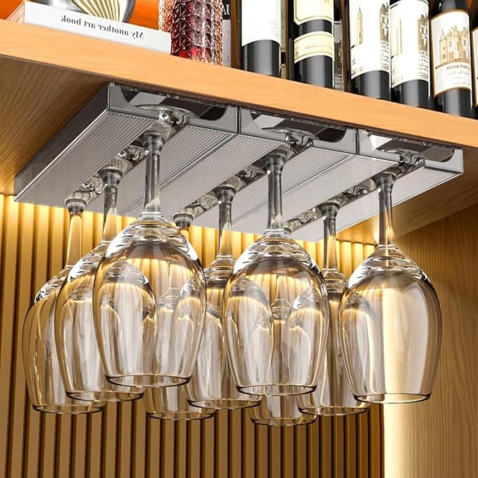 4 Pcs Wine Glass Holder Under Cabinet,Plastic Stemware Rack Punch-free Hanger Under Counter for Bar,Kitchen and Restaurant(Grey)