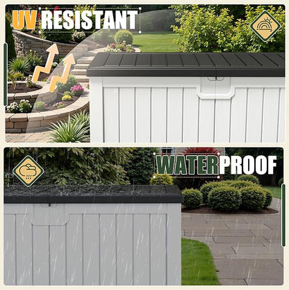 JUMMICO 250 Gallon Outdoor Resin Deck Box with Divider, Waterproof Storage Box with Lockable Lid&Side Handles for Garden Tools, Pools Supplies (White with Black Cover)