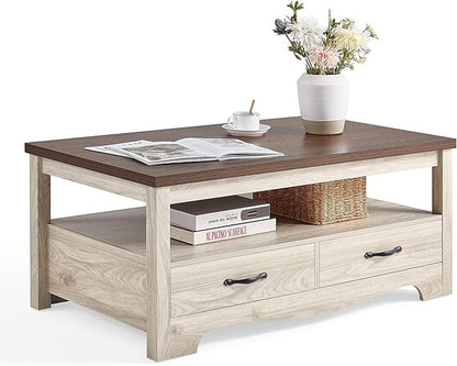 LINSY HOME Farmhouse Coffee Table with Storage, Wood Coffee Table for Living Room, Open Display Area and Storage Drawers with Metal Handles, Chic Style with Curved Base. Oak and Brown