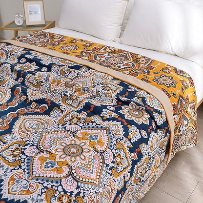 Boho Muslin Blanket for Adults 4-Layer Gauze 80 x 90 Inches Soft Cozy 100% Cotton Summer Cooling Blanket Floral Decor for Sofa Bed Coverlet Both Sides (A Boho Spiral Flower, 80 x 90 in)