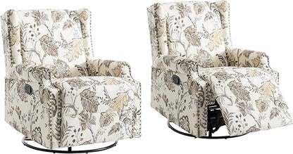 UIXE Swivel Rocker Manual Recliner Chairs Set of 2, Wingback Swivel Glider Fabric Nursery Reclining Sofa Chair, High Back Upholstered Arm Chair for Living Room Bedroom - Beige Plants