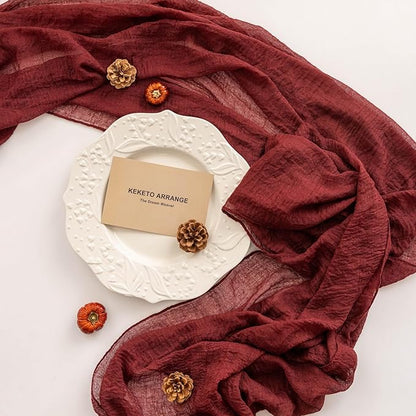 Burgundy Table Runner Red Cheesecloth Gauze 120 Inch 10 FT Rustic Boho Cheese Cloth Runner for Wedding Baby Shower Bridal Shower Birthday Party Long Sheer Home Decorations