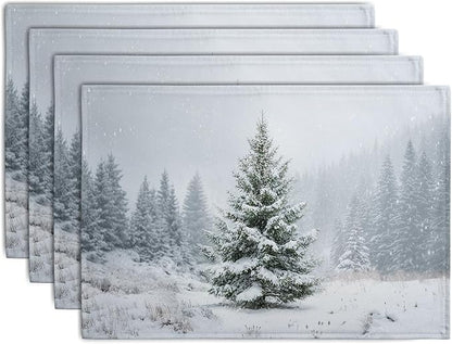 Winter Placemats Set of 4, 12x18 Inch Christmas Pine Tree Snowflake Linen Table Mats Seasonal Washable Farmhouse Place Mats for Kitchen Dining Xmas Holiday Party Decor