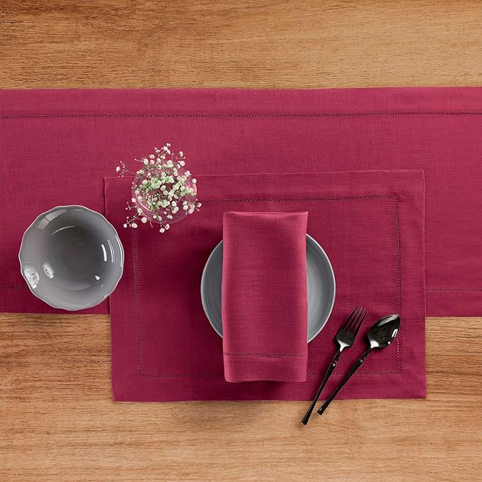 Solino Home Linen Beet Table Runner 120 Inches Long - 100% Pure Linen Hemstitch 14 x 120 Inch Table Runner for Dining, Fall, Autumn, Thanksgiving - Classic Hemstitch