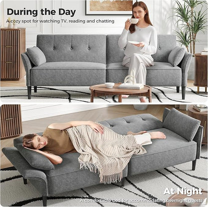 89” Futon Sofa Bed, Comfy Futon Couch Bed with 2 Square Pillows, Convertible Sleeper Sofa with Adjustable Backrest& Armrests, Modern Loveseat Sleeper for Living Room, Bedroom, Light Gray