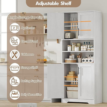 GarveeHome 67" Tall Storage Cabinet, Tall Bathroom Cabinet with 4 Doors and Adjustable Shelves, Freestanding Kitchen Pantry Cabinets, Cupboard for Living Room, Dining Room, Antique White
