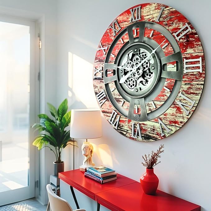 The Gears Clock Real Moving Gear Wall Clock England Line (Red Lava, 24 inches (60 cm))