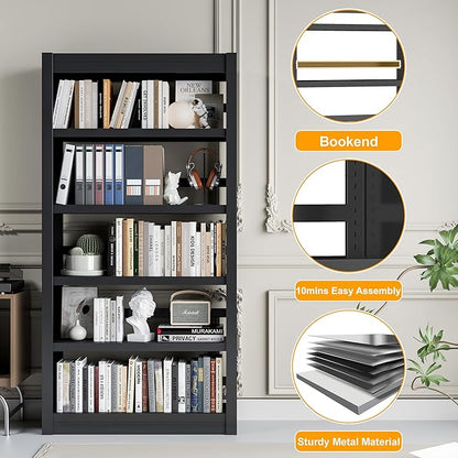 5 Tier Adjustable Black Bookcase, Metal Small Bookshelves and Bookcases, 61" H Display Modern Bookshelf for Living Rooms, Bedrooms, Home Offices, 10 Minutes Assemble
