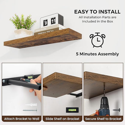 48 inch Floating Shelves for Wall Large Wall Mounted Shelves with Invisible Brackets, Brown Long Shelves for Bathroom, Living Room, Kitchen, Office, 48x9.1 inch deep Set of 2