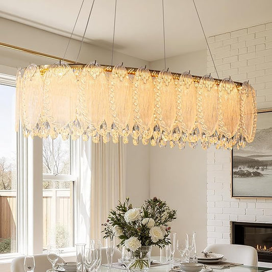 Gold Rectangle Modern Chandeliers for Dining Room Light Fixture, Water Ripple Crystal Glass LED Chandelier for Kitchen Island Bar Living Room, 2700K-6000K